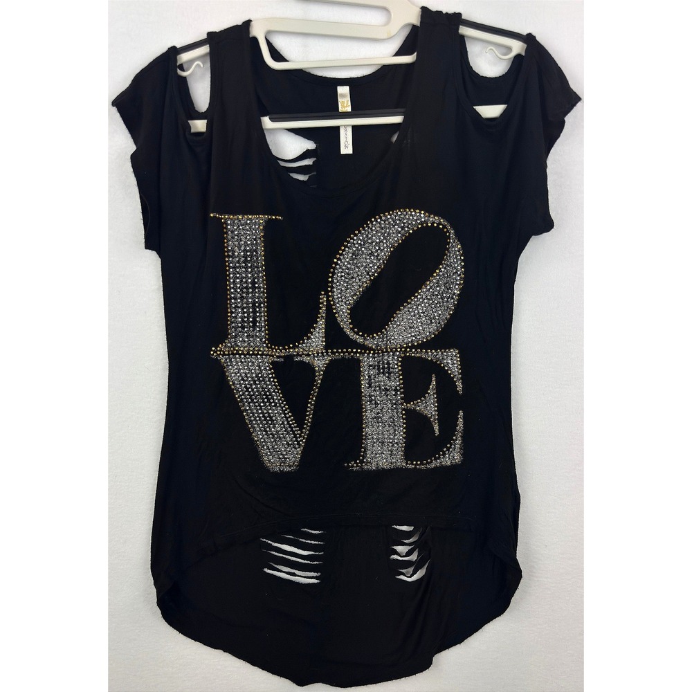 Ocasion Womens Black Rhinestone LOVE Shredded Distressed Cold Shoulder Top Small